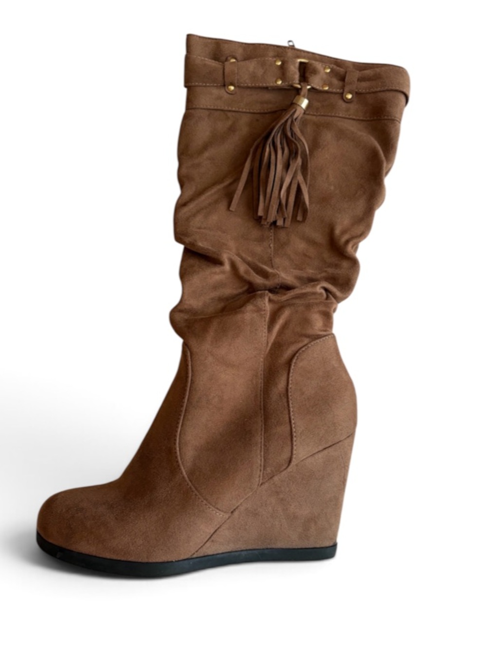 Brown Suede Wedge Boot with Tassel Detail Size 7.5 Zipper NEW Women’s Boots